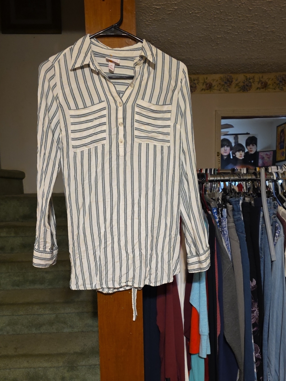 Isabel Maternity ShirtStriped Button-Placket Tunic Top - White with Navy Stripes